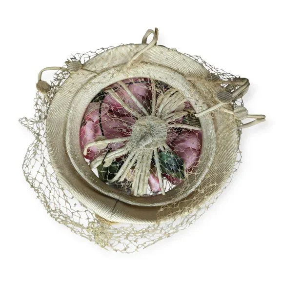 Vintage Ivory & Pink Floral Fascinator Style Hat with Net Veil - Picture 6 of 9